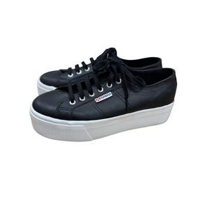 Superga Platform Sneakers Leather Black White Women 8.5 Style Athleisure
